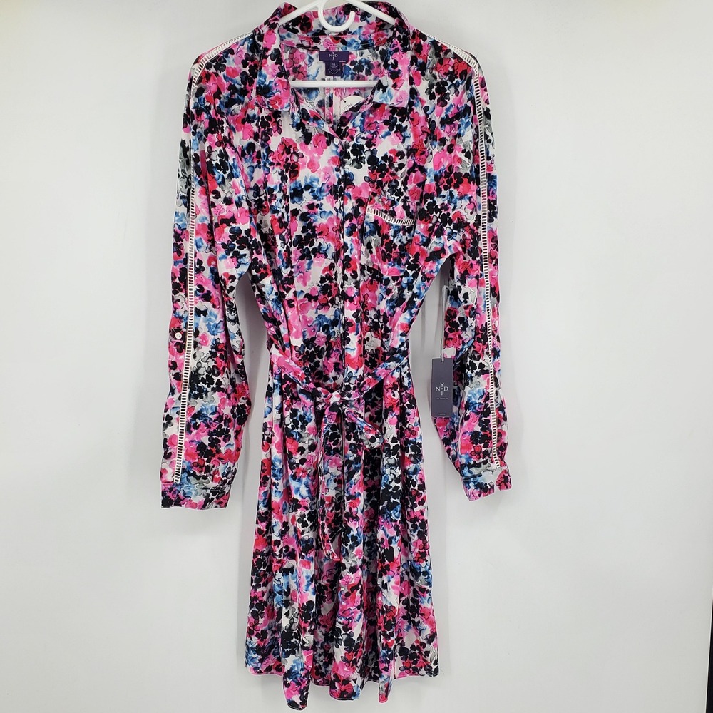 NYDJ Parfait Fusion Cora Floral Shirt Dress Pink Blue‎ Size 16 Preppy Boho